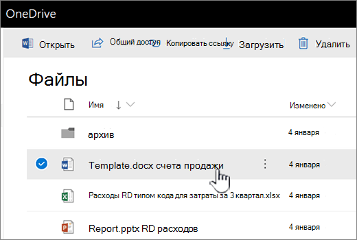 OneDrive с выделенным элементом 