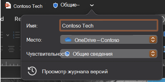 Развернутый раскрывающийся список заголовка окна с именем файла, расположением и уровнем конфиденциальности.