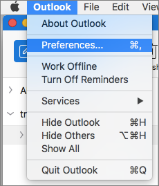 Меню Outlook с выделенным элементом 