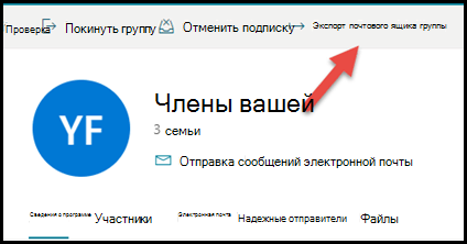 Группа карта в Outlook.com со стрелкой вверх и вправо для экспорта почтового ящика группы.