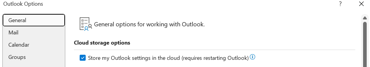 Сохранение параметров Outlook в облаке (требуется перезапуск Outlook) должно быть включено, если пользователь хочет импортировать свои параметры в новый Outlook для Windows
