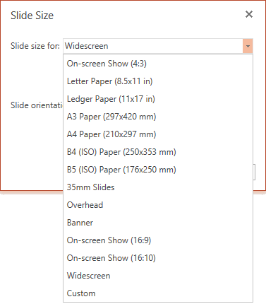 Параметры размера слайда в PowerPoint Online
