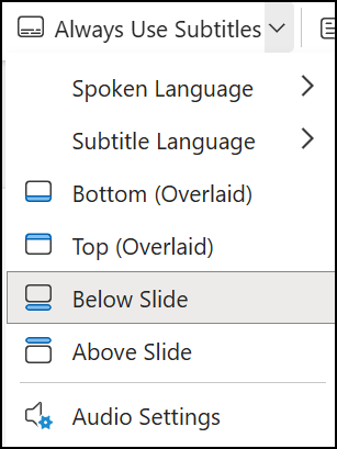 Параметры субтитров в PowerPoint Online.