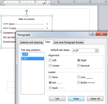 TAB dialog box with options for a TOC