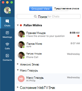 Снимок экрана: сгруппированное представление в улучшениях Skype для бизнеса на Mac
