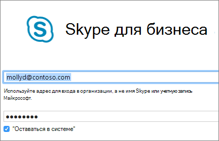 Снимок экрана Skype для бизнеса на экране входа.