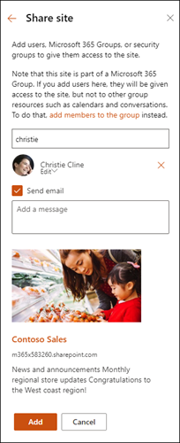 Предоставление общего доступа к панели сайта с добавленным участником.
