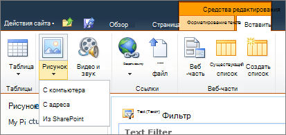Нажмите кнопку рисунка на ленте и выберите компьютер, адрес или SharePoint.