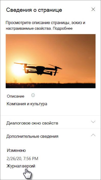 Снимок экрана: ссылка журнала версий в разделе сведений о странице