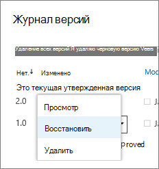 Элементы меню для версии