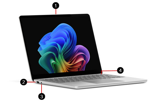 Ноутбук Surface 13-дюймовый с помеченными аппаратными функциями.
