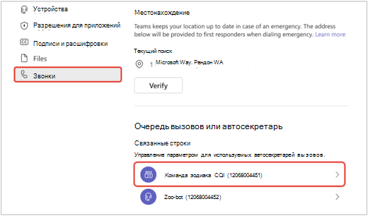экран меню параметров в Teams