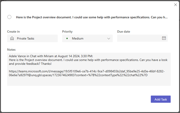 Screenshot showing creating the task in Private Tasks and the details you can set.