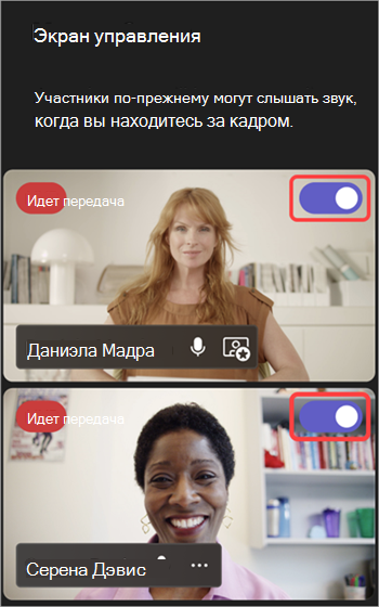 Снимок экрана: выделен переключатель, который выводит людей на экран и удаляется из него.