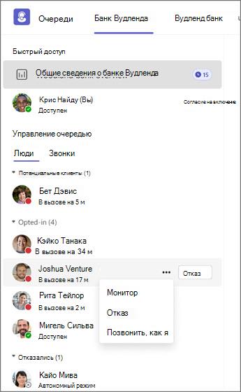 Система управления очередями, показывающая состояния агентов и параметры для мониторинга, отказа или вызова.