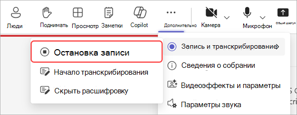 Снимок экрана: прекращение записи во время общего собрания