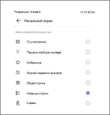 Меню для выбора представления начального экрана по умолчанию, в котором выбраны клавиши с линиями.