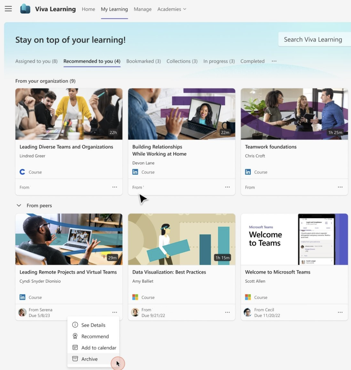 a screenshot of the Recommended to you Tab with a course recommended from your peers. There is an option to archive it.
