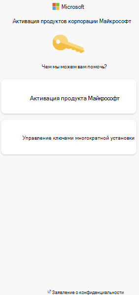 Снимок экрана: варианты активации продуктов Майкрософт.