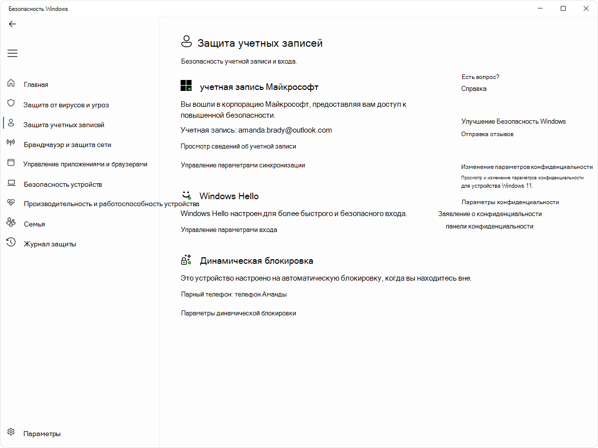 Снимок экрана: страница защиты учетной записи приложения Безопасность Windows.