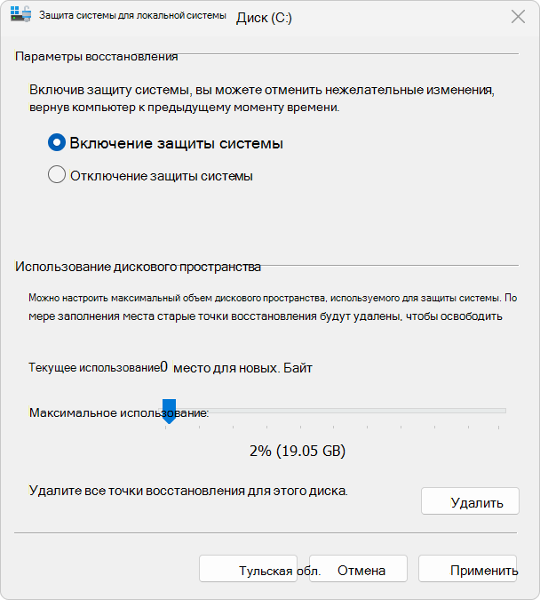 Снимок экрана: защита системы.