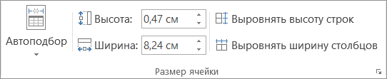 Отображает параметры в группе Размер ячейки.