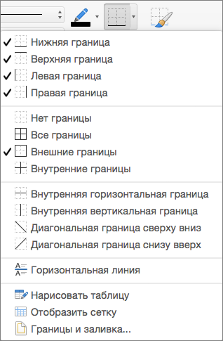 Показаны параметры границ для конструктора таблиц
