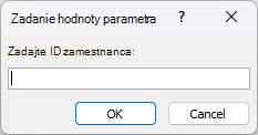 Zobrazuje príklad očakávaného dialógového okna Zadanie hodnoty parametra v Accesse s identifikátorom s označením Zadať ID zamestnanca, poľom, do ktorého sa má zadať hodnota, a tlačidlami OK a Zrušiť.