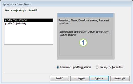 Snímka obrazovky zobrazujúca stránku podformulára v Sprievodcovi formulárom