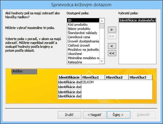 V Sprievodcovi krížovým dotazom vyberte pole, ktoré sa má zobraziť ako záhlavie riadka.