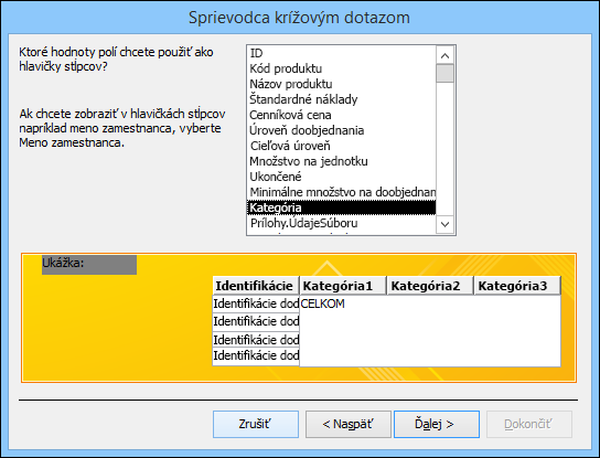 V Sprievodcovi krížovým dotazom vyberte pole, ktoré sa má zobraziť ako záhlavie riadka.