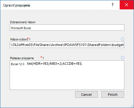 Dialógové okno Upraviť prepojenie pre zdroj údajov programu Excel