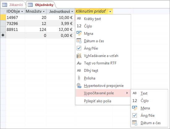 Pridanie nového poľa s typom údajov Vypočítavané pole