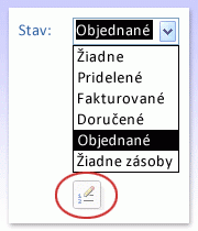 Rozbaľovacie pole s tlačidlom Upraviť položky zoznamu