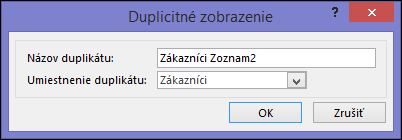Duplicate view dialog showing name of duplicate box and location for duplicate box.
