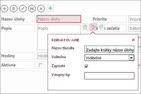 Zobrazenie v režime úprav, zobrazujú sa nastavenia formátovania pre textové pole.