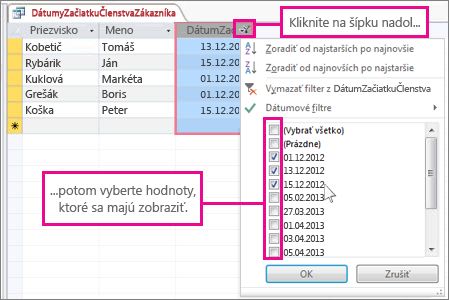 Filtrovanie stĺpca dotazu v počítačovej databáze.