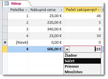 riadok súčtov s funkciami súčtu a počtu