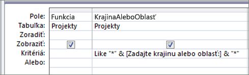 Mriežka návrhu dotazu s nasledujúcimi kritériami v stĺpci KrajinaOblasť: Like * & [Zadajte krajinu alebo oblasť:] & *