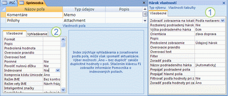 Hárky vlastností tabuľky a poľa