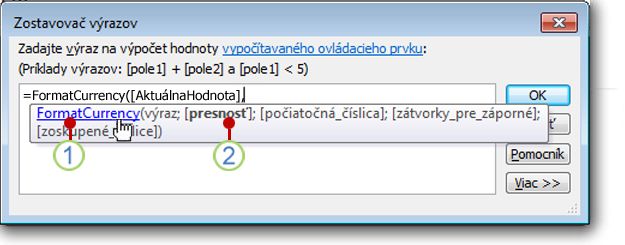 Zobrazenie nástroja Rýchle informácie pre funkciu.