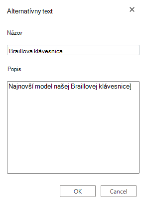 Dialógové okno Alternatívny text vo Visiu pre web