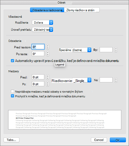 Dialógové okno Odsek v Outlooku pre Mac.