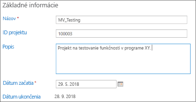 Popis projektu v Project Online.