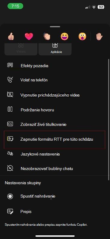 Ďalšie akcie pre schôdzu cez Teams v systéme iOS.