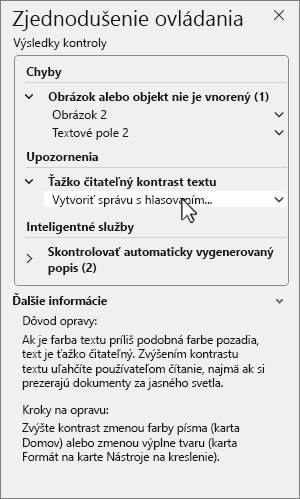 Tabla Zjednodušenie ovládania s výsledkami kontroly