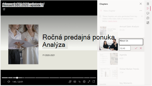 Video je otvorené v prehliadači. Napravo od videa sú zvýraznené textové polia, ktoré označujú, že používateľ na ne môže kliknúť a upraviť nadpis a popis kapitol.