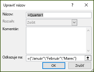 Pridanie pomenovanej konštanty poľa zo vzorcov Definované názvy > Správca >> názvov Nové