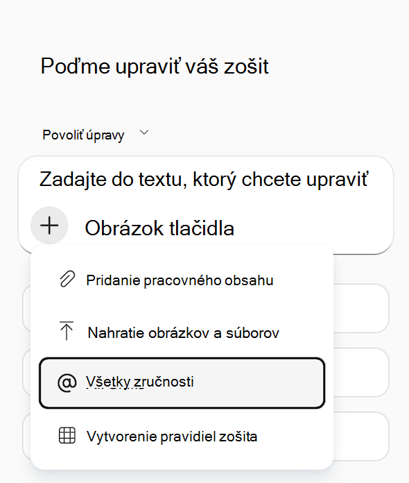 Snímka obrazovky Copilota v Exceli s ponukou Pridať pracovný obsah so zvýraznenou možnosťou Všetky zručnosti.