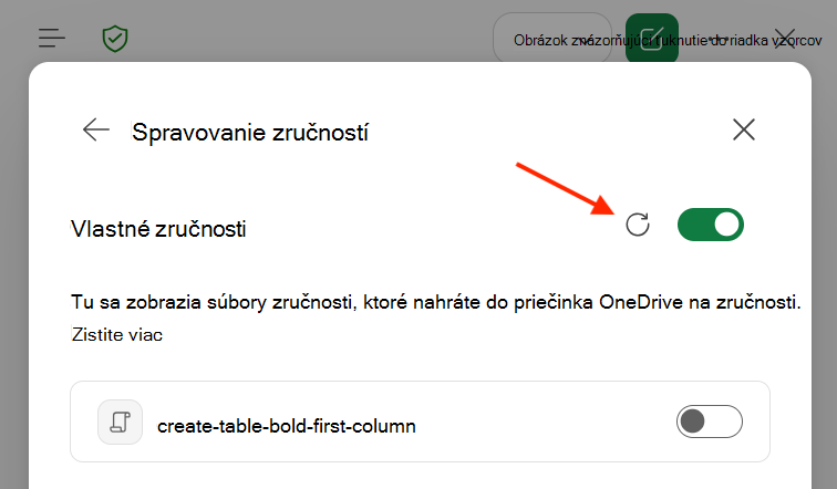Snímka obrazovky dialógového okna Copilot v Exceli Vlastné zručnosti so zvýrazneným tlačidlom Obnoviť.